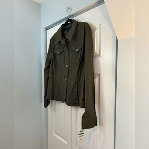 Charter Club Olive Green Denim Utility Jacket Women Large Stretch Button Front